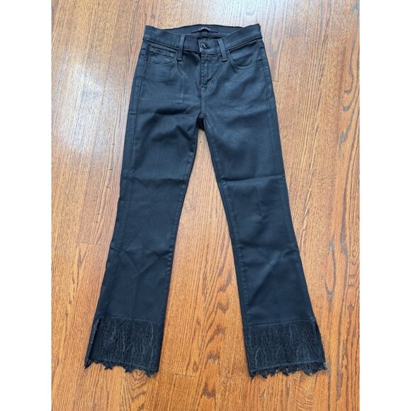 J Brand Selena Black Coated Cropped Lace Hem Mid-Rise Bootcut Boho Jeans Sz 24 - Picture 1 of 9